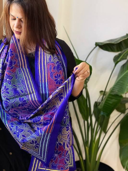 Blue Handmade Reverse Nakshi Kantha Stole in Pure Silk