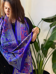 Blue Handmade Reverse Nakshi Kantha Stole in Pure Silk