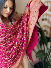 Pink Neemzari Bandhani Dupatta with Mukaish Handwork in Georgette