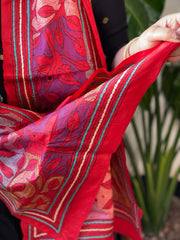 Red Handmade Reverse Nakshi Kantha Stole in Pure Silk