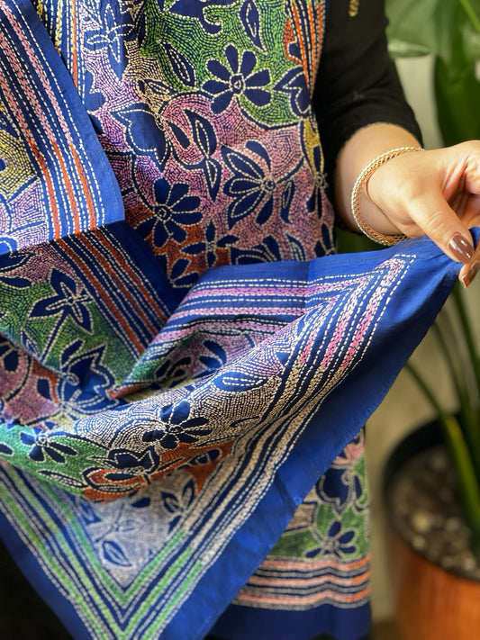 Blue Handmade Reverse Nakshi Kantha Stole in Pure Silk