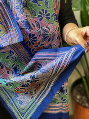 Blue Handmade Reverse Nakshi Kantha Stole in Pure Silk