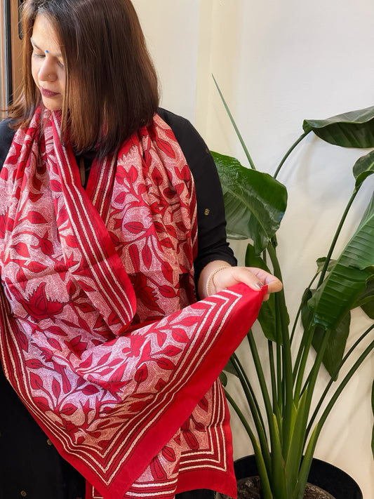 Red Handmade Reverse Nakshi Kantha Stole in Pure Silk