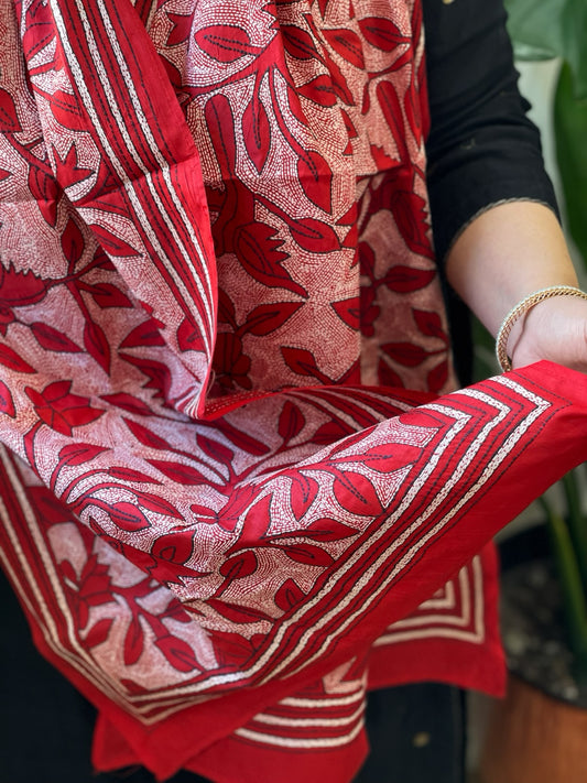 Red Handmade Reverse Nakshi Kantha Stole in Pure Silk