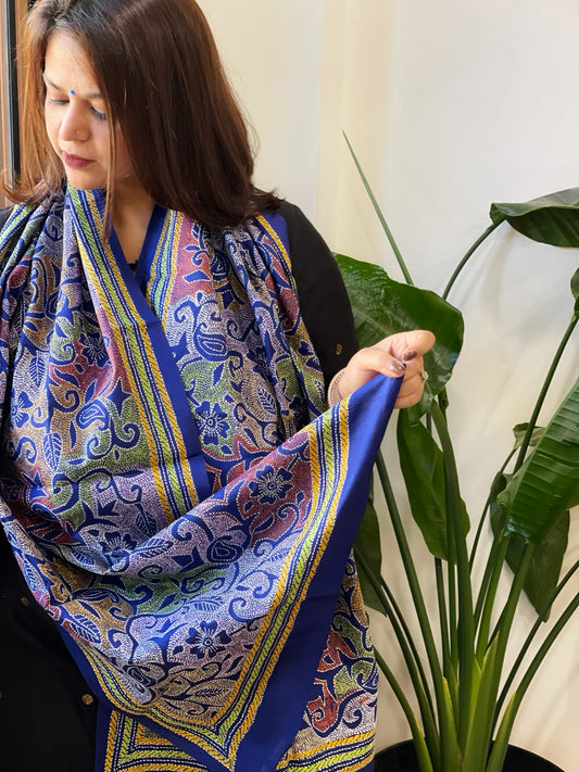 Blue Handmade Reverse Nakshi Kantha Stole in Pure Silk