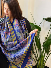 Blue Handmade Reverse Nakshi Kantha Stole in Pure Silk