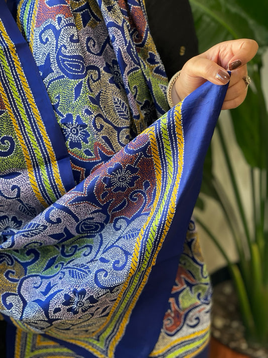 Blue Handmade Reverse Nakshi Kantha Stole in Pure Silk
