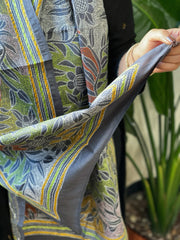 Grey Handmade Reverse Nakshi Kantha Stole in Pure Silk