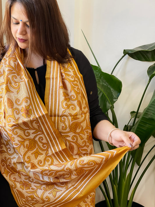 Yellow Handmade Reverse Nakshi Kantha Stole in Pure Silk