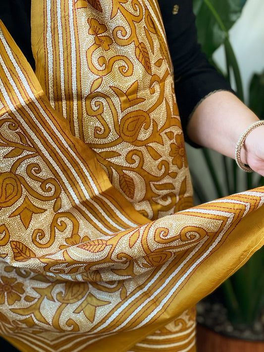 Yellow Handmade Reverse Nakshi Kantha Stole in Pure Silk