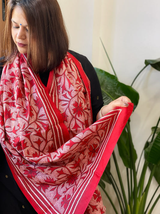 Red Handmade Reverse Nakshi Kantha Stole in Pure Silk