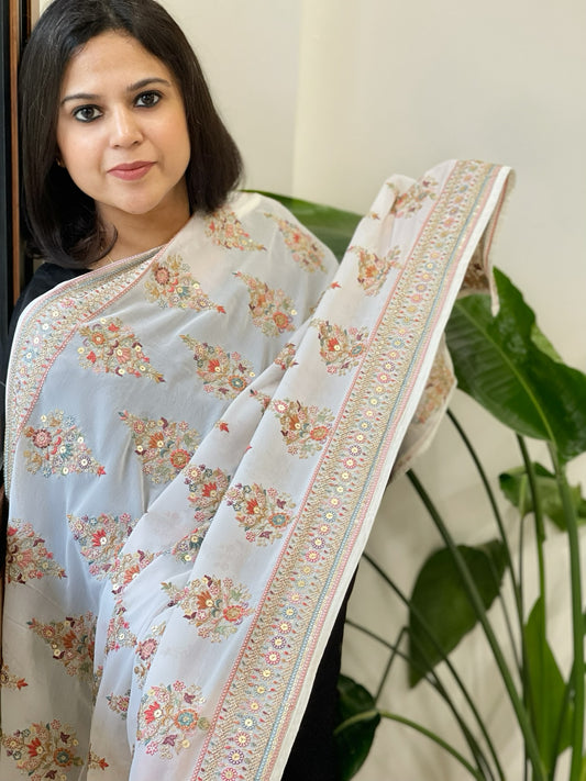 Off-White Georgette Dupatta with Thread & Sequin Embroidered Buttas and Border