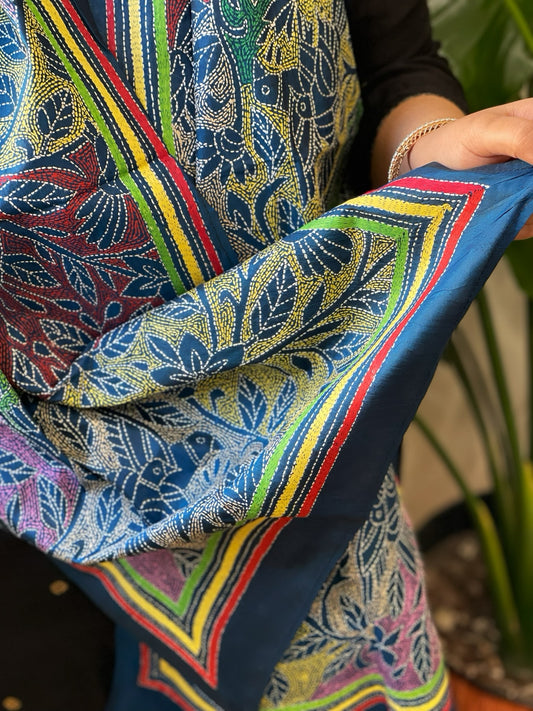 Teal Handmade Reverse Nakshi Kantha Stole in Pure Silk