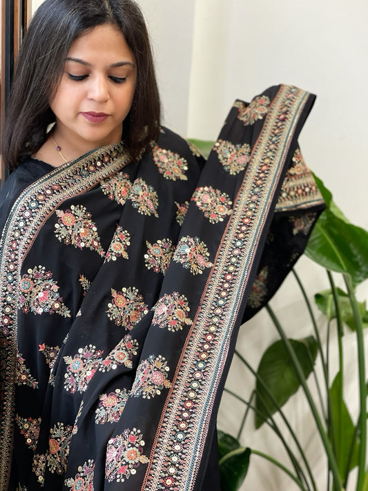 Black Georgette Dupatta with Thread & Sequin Embroidered Buttas and Border