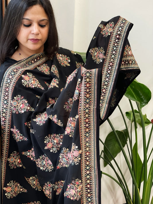 Black Georgette Dupatta with Thread & Sequin Embroidered Buttas and Border