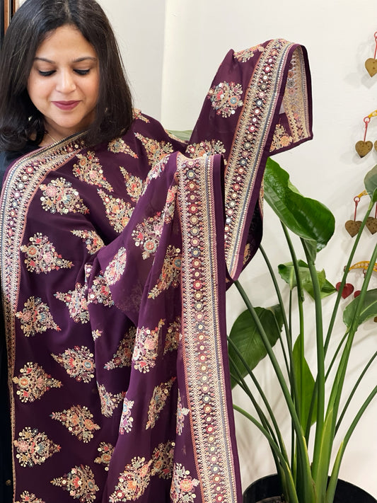 Wine Georgette Dupatta with Thread & Sequin Embroidered Buttas and Border