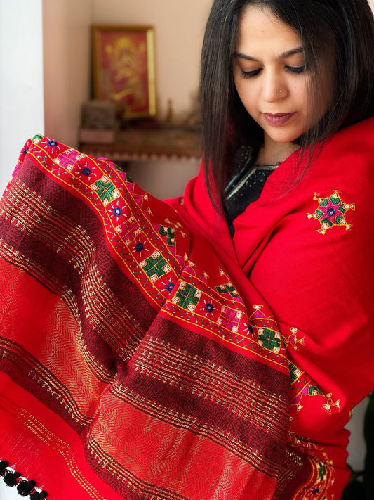 Red Handwoven Woollen Shawl with Thread and Mirror Handwork