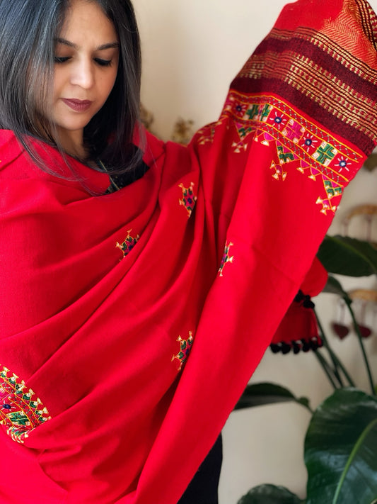 Red Handwoven Woollen Shawl with Thread and Mirror Handwork