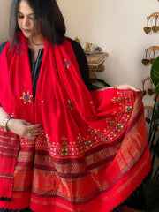 Red Handwoven Woollen Shawl with Thread and Mirror Handwork