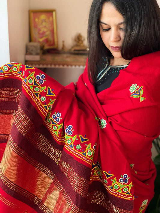 Red Handwoven Woollen Shawl with Thread and Mirror Handwork