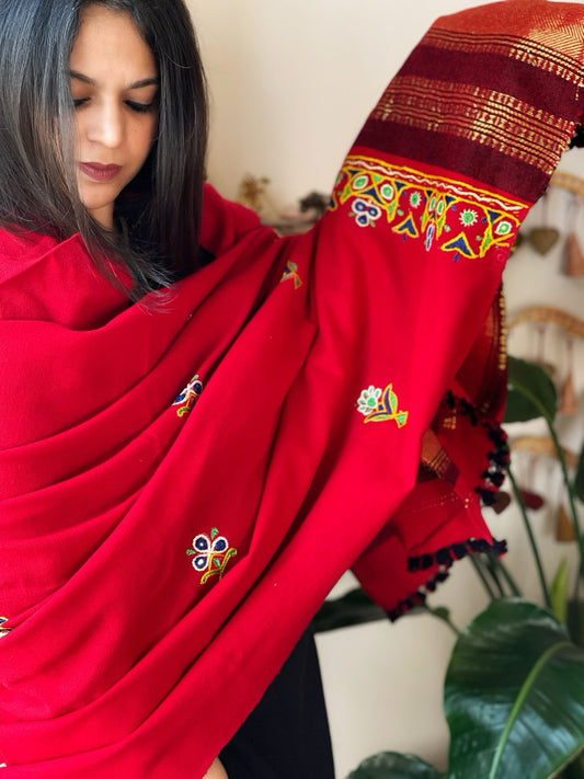 Red Handwoven Woollen Shawl with Thread and Mirror Handwork