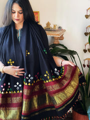 Black Handwoven Woollen Shawl with Thread and Mirror Handwork