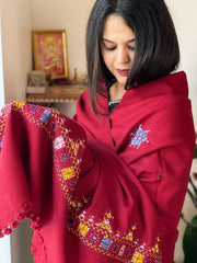 Maroon Handwoven Woollen Shawl with Thread and Mirror Handwork