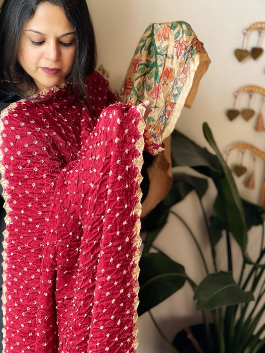 Maroon Bandhani Dupatta with Handpainted Madhubani Pallu in Modal Silk