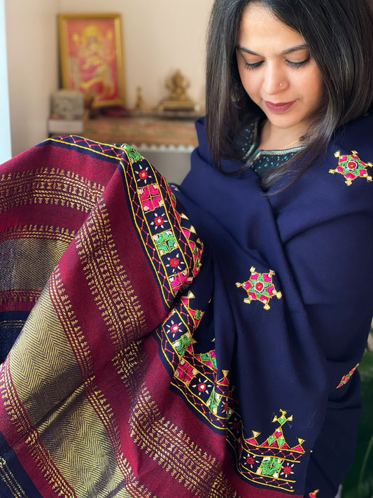 Navy Blue Handwoven Woollen Shawl with Thread and Mirror Handwork