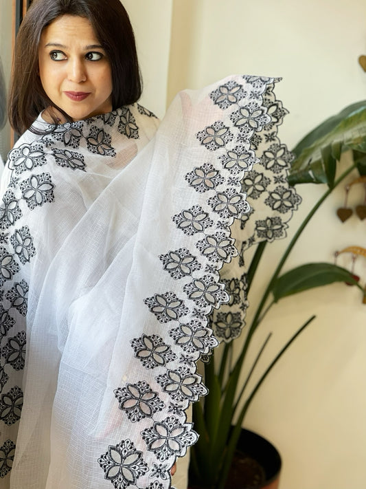 White Kota Cotton Dupatta with Cut Work
