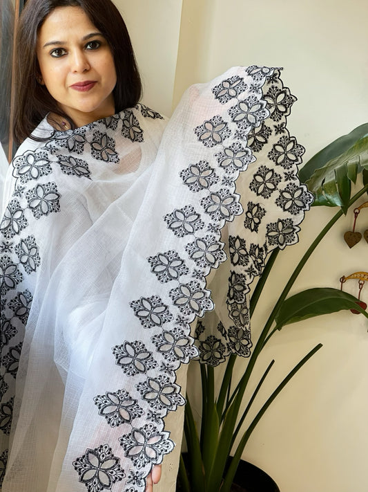 White Kota Cotton Dupatta with Cut Work