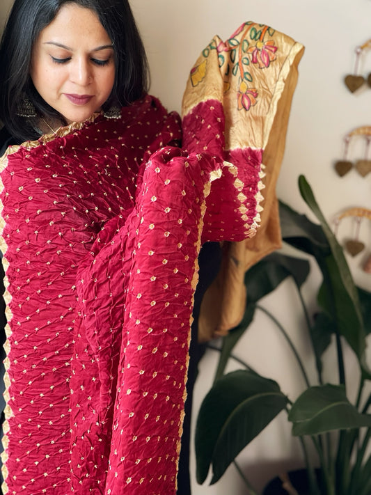 Maroon Bandhani Dupatta with Handpainted Madhubani Pallu in Modal Silk