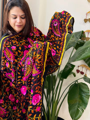 Black Georgette dupatta with Woolen Thread Handwork