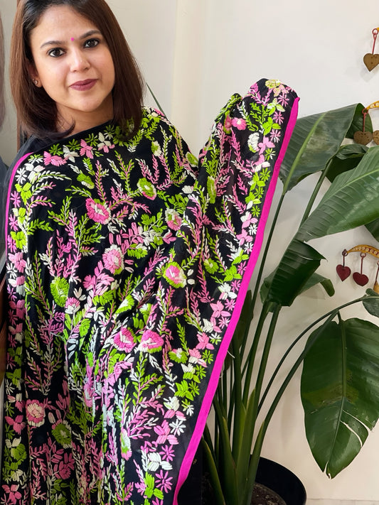 Black Georgette dupatta with Woolen Thread Handwork