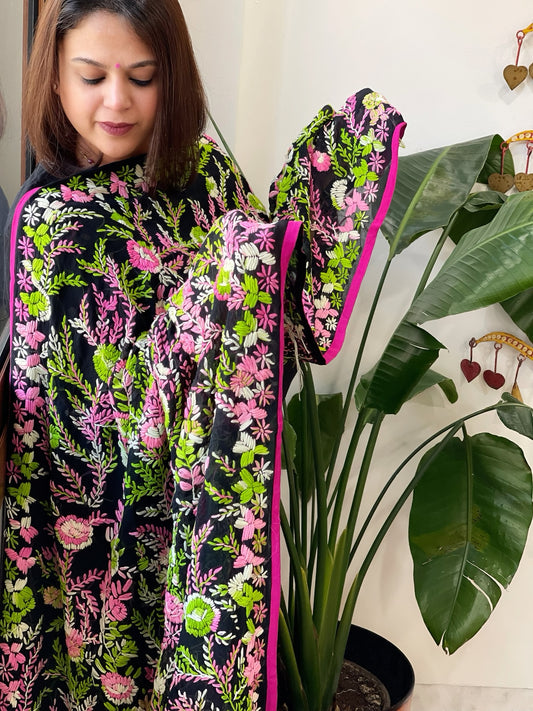 Black Georgette dupatta with Woolen Thread Handwork