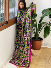 Black Georgette dupatta with Woolen Thread Handwork