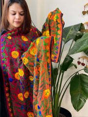 Orange, Pink Georgette dupatta with Woolen Thread Handwork