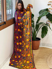 Orange, Pink Georgette dupatta with Woolen Thread Handwork