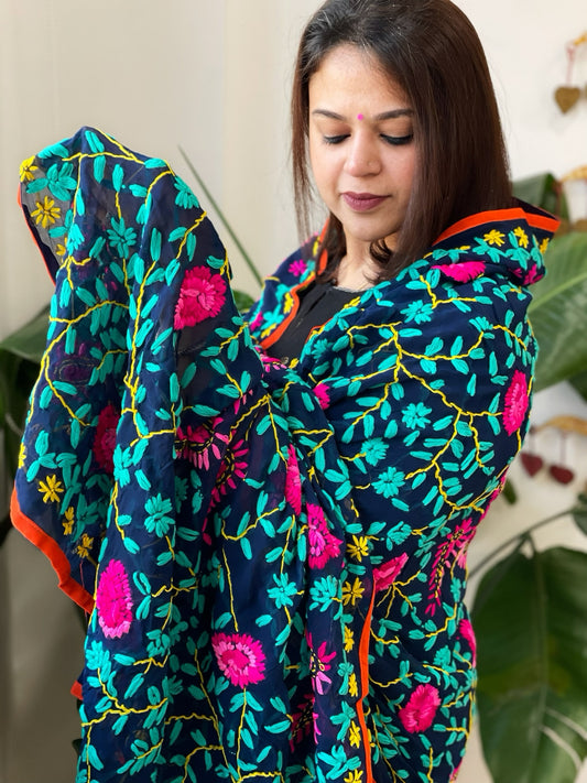 Navy Georgette dupatta with Woolen Thread Handwork