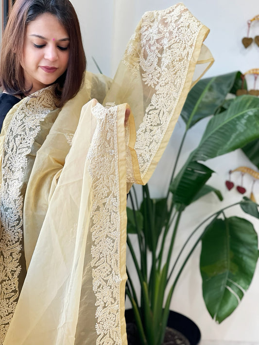 Beige Organza dupatta with Lucknowi Handwork