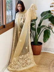 Beige Organza dupatta with Lucknowi Handwork