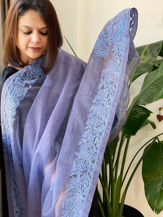 Blue Organza dupatta with Lucknowi Handwork