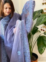Blue Organza dupatta with Lucknowi Handwork
