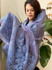 Blue Organza dupatta with Lucknowi Handwork