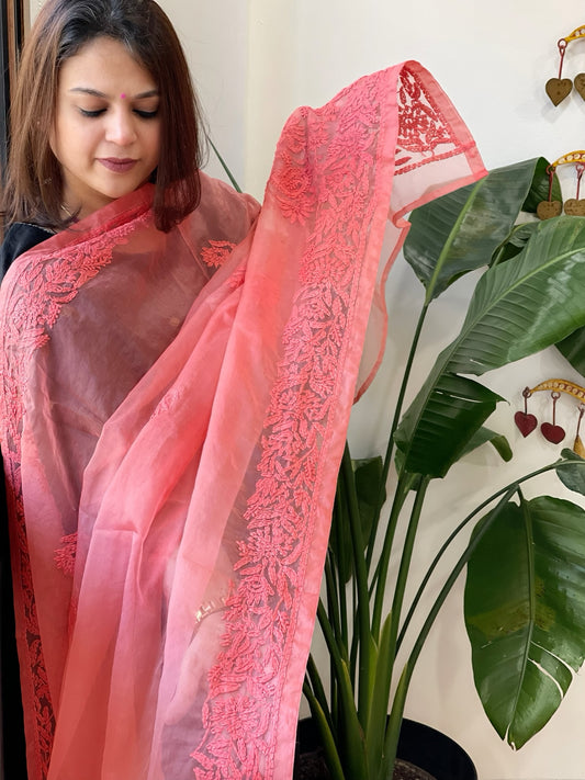 Peachish Pink Organza dupatta with Lucknowi Handwork
