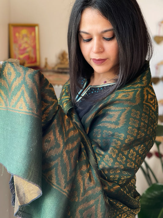 Bottle Green Pashmina Shawl with Zari