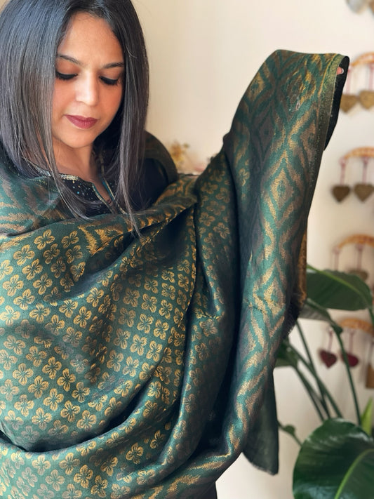 Bottle Green Pashmina Shawl with Zari