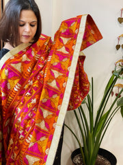 Orange Designer Phulkari Dupatta in Khaddar Cotton