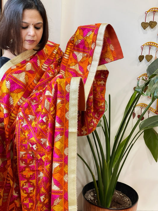 Orange Designer Phulkari Dupatta in Khaddar Cotton