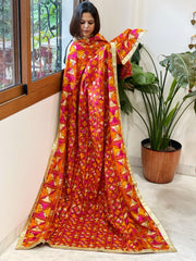 Orange Designer Phulkari Dupatta in Khaddar Cotton